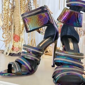 Iridescent Strappy Heels with Zipper Detail